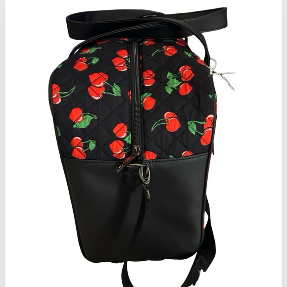 BETSEY JOHNSON BLACK RED CHERRIES OVERNIGHTER WEEKENDER & CHERRY PURSE CHARM NWT - Picture 5 of 12